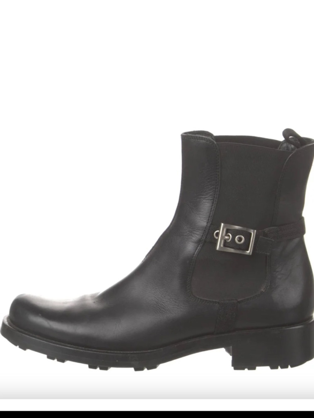 Vintage Prada Black Leather Chelsea Boot with Silver Buckle 39.5 distressed